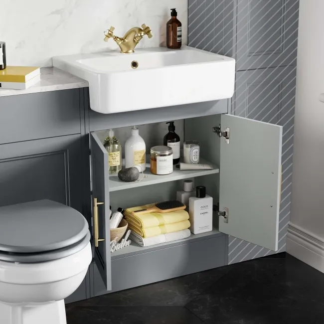 Monaco Dove Grey Combination Vanity Basin with Marble Top & Hudson Toilet with Wooden Seat 1200mm - Brass Knurled Handles