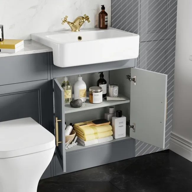Monaco Dove Grey Combination Vanity Basin with Marble Top & Atlanta Toilet 1200mm - Brass Knurled Handles