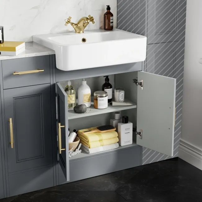 Monaco Dove Grey Combination Vanity Basin with Marble Top 1500mm (Excludes Pan & Cistern) - Brass Knurled Handles