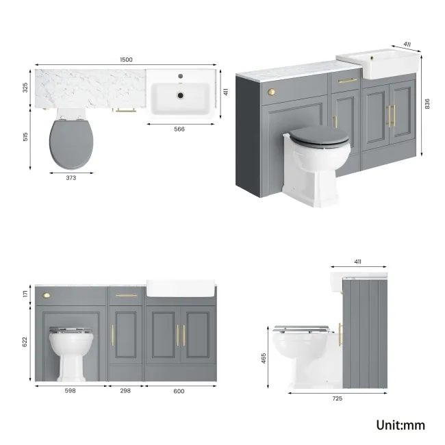 Monaco Dove Grey Combination Vanity Basin with Marble Top and Hudson Toilet with Wooden Seat 1500mm - Brass Knurled Handles