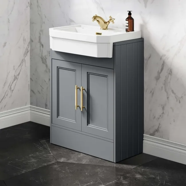 Monaco Dove Grey Traditional Basin Vanity 600mm - Brass Knurled Handles
