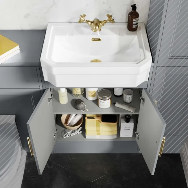 Monaco Dove Grey Traditional Basin Vanity and Back To Wall Unit 1200mm (Excludes Pan & Cistern) - Brass Knurled Handles