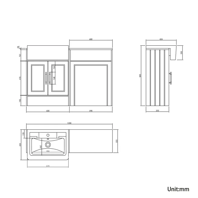 Monaco Dove Grey Traditional Basin Vanity and Back To Wall Unit 1200mm (Excludes Pan & Cistern) - Brass Knurled Handles