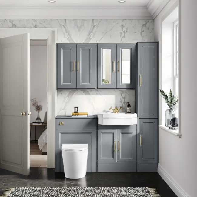 Monaco Dove Grey Combination Vanity Traditional Basin and Boston Toilet 1200mm - Brass Knurled Handles