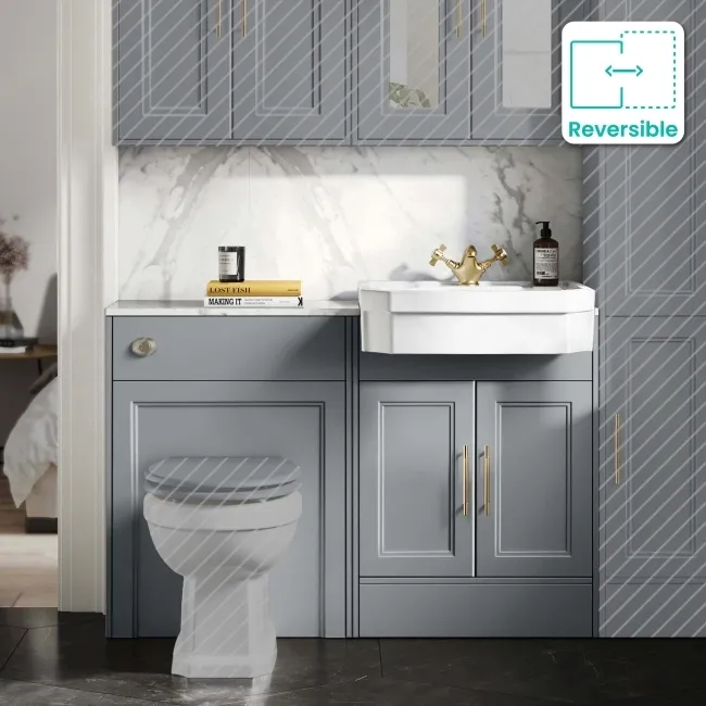 Monaco Dove Grey Combination Vanity Traditional Basin with Marble Top 1200mm (Excludes Pan & Cistern) - Brass Knurled Handles