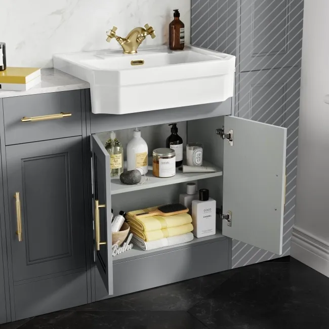 Monaco Dove Grey Combination Vanity Traditional Basin with Marble Top 1500mm (Excludes Pan & Cistern) - Brass Knurled Handles