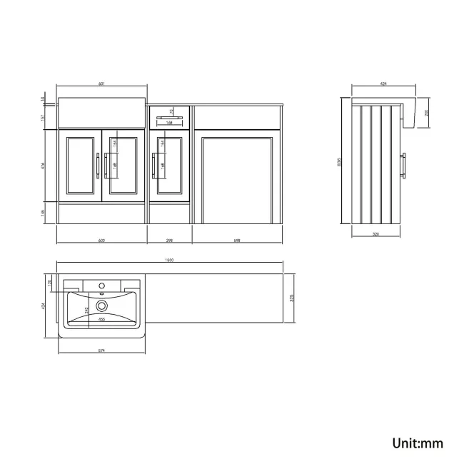 Monaco Dove Grey Combination Vanity Traditional Basin with Marble Top 1500mm (Excludes Pan & Cistern) - Brass Knurled Handles