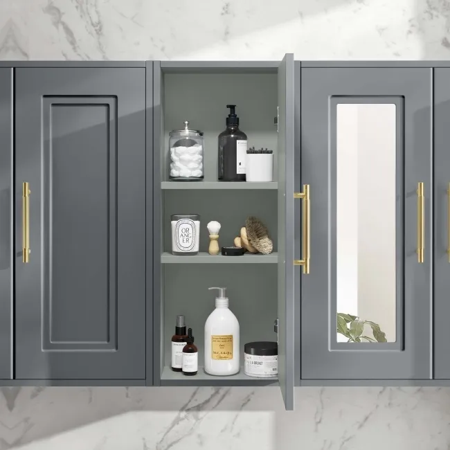 Dove Grey Wall Hung Cabinet 700x300mm - Brass Knurled Handles