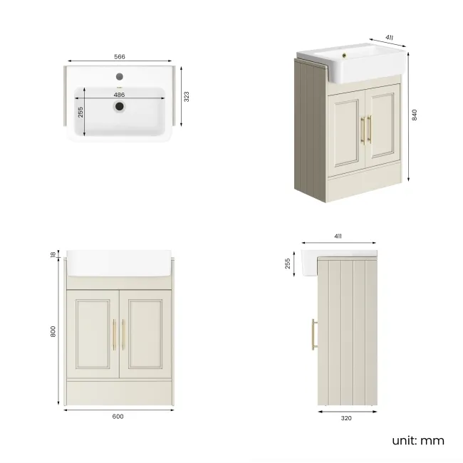Monaco Chalk White Basin Vanity 600mm - Brass Knurled Handles