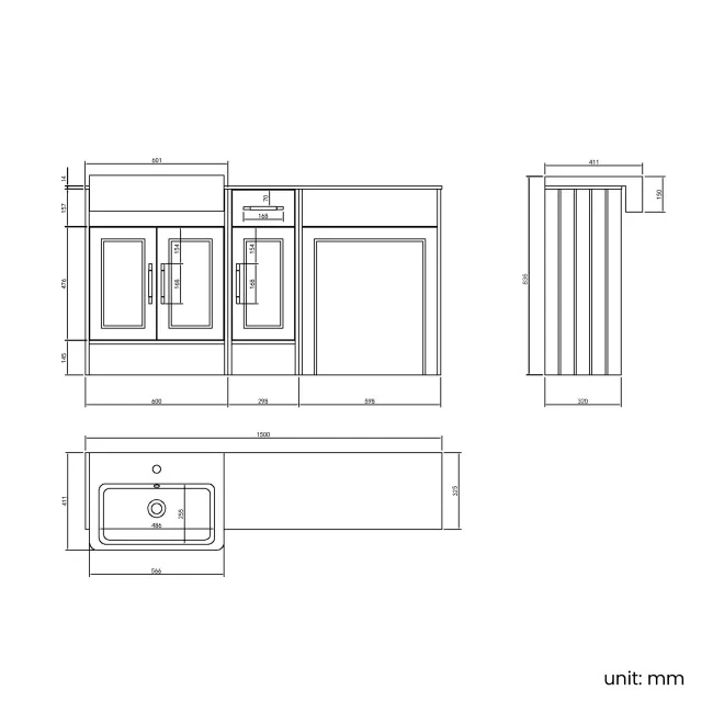 Monaco Chalk White Combination Vanity Basin with Marble Top 1500mm (Excludes Pan & Cistern) - Brass Knurled Handles
