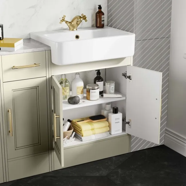 Monaco Chalk White Combination Vanity Basin with Marble Top and Hudson Toilet with Wooden Seat 1500mm - Brass Knurled Handles