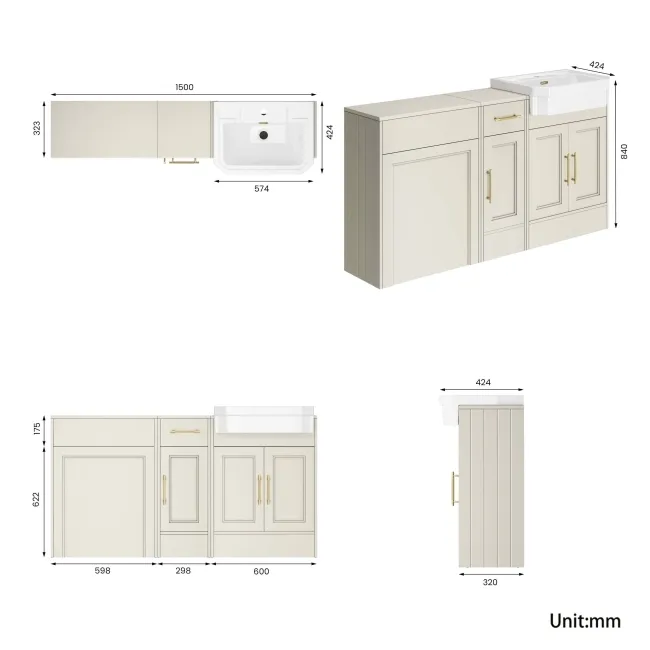 Monaco Chalk White Combination Vanity Traditional Basin 1500mm (Excludes Pan & Cistern) - Brass Knurled Handles
