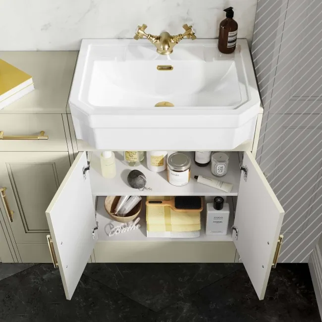 Monaco Chalk White Combination Vanity Traditional Basin and Seattle Toilet 1500mm - Brass Knurled Handles
