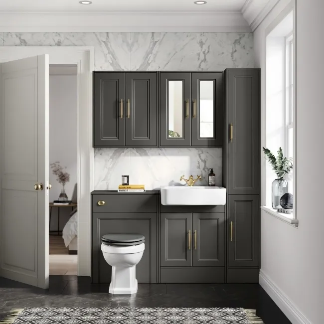 Monaco Graphite Grey Basin Vanity and Back To Wall Unit 1200mm (Excludes Pan & Cistern) - Brass Knurled Handles
