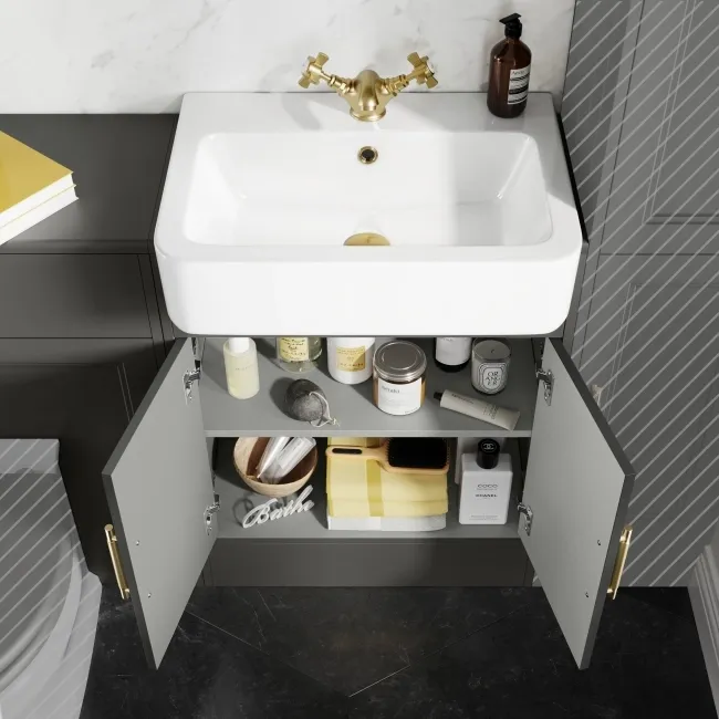 Monaco Graphite Grey Basin Vanity and Back To Wall Unit 1200mm (Excludes Pan & Cistern) - Brass Knurled Handles