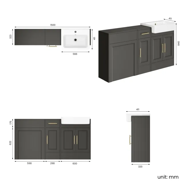 Monaco Graphite Grey Basin Vanity and Back To Wall Unit 1500mm (Excludes Pan & Cistern) - Brass Knurled Handles