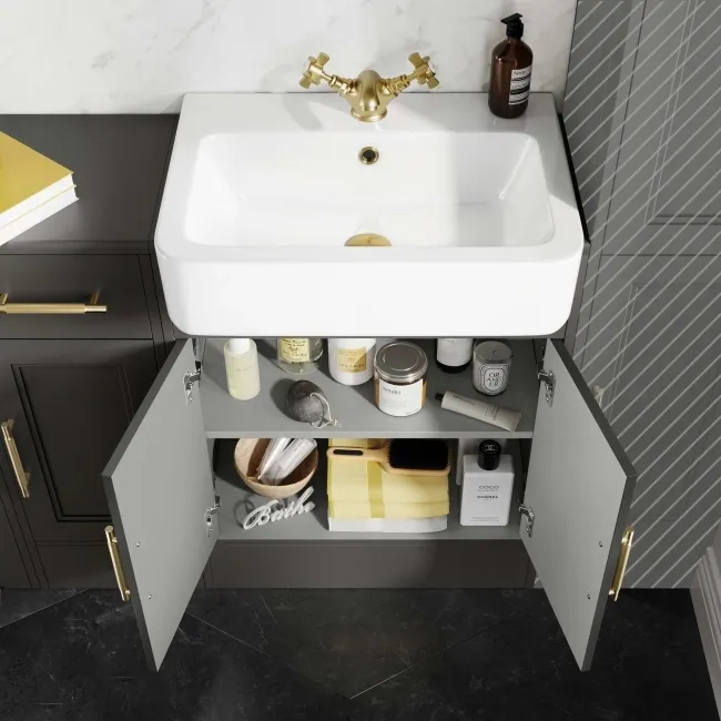 Monaco Graphite Grey Combination Vanity Basin and Seattle Toilet 1500mm - Brass Knurled Handles