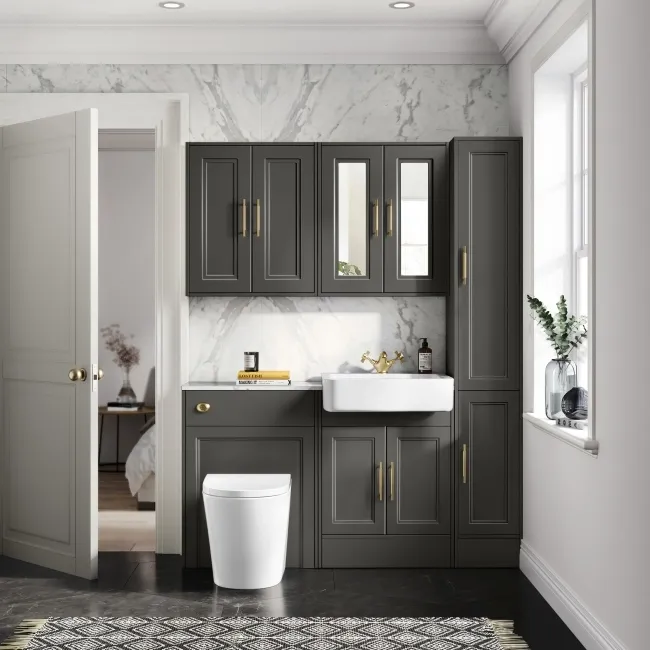 Monaco Graphite Grey Combination Vanity Basin with Marble Top & Boston Toilet 1200mm - Brass Knurled Handles