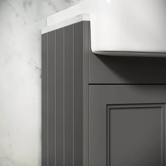 Monaco Graphite Grey Combination Vanity Basin with Marble Top and Hudson Toilet with Wooden Seat 1500mm - Brass Knurled Handles