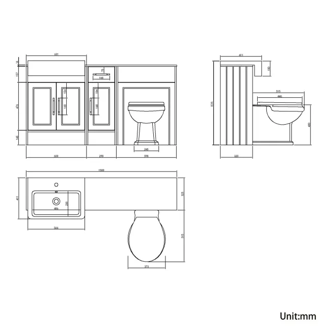 Monaco Graphite Grey Combination Vanity Basin with Marble Top and Hudson Toilet with Wooden Seat 1500mm - Brass Knurled Handles