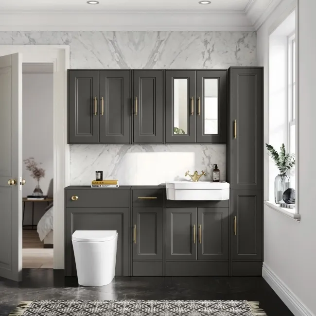 Monaco Graphite Grey Combination Vanity Traditional Basin and Boston Toilet 1500mm - Brass Knurled Handles