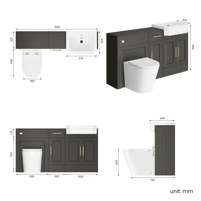 Monaco Graphite Grey Combination Vanity Traditional Basin and Boston Toilet 1500mm - Brass Knurled Handles