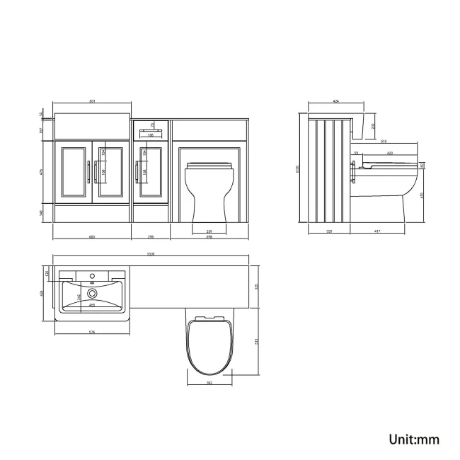 Monaco Graphite Grey Combination Vanity Traditional Basin with Marble Top and Seattle Toilet 1500mm - Brass Knurled Handles