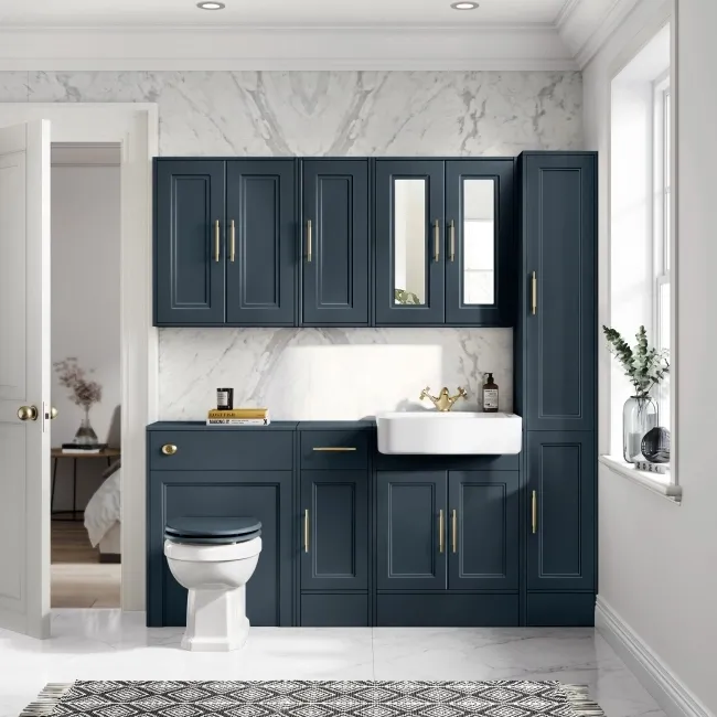 Monaco Inky Blue Basin Vanity and Back To Wall Unit 1500mm (Excludes Pan & Cistern) - Brass Knurled Handles