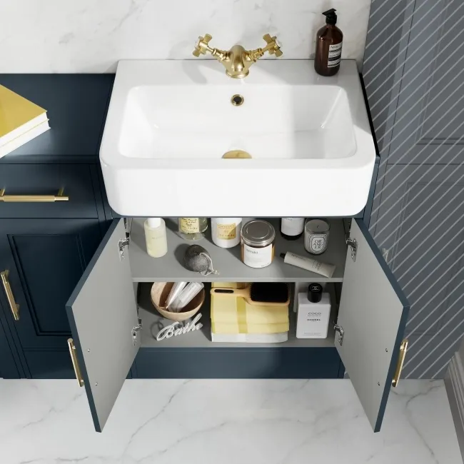 Monaco Inky Blue Combination Vanity Basin and Hudson Toilet with Wooden Seat 1500mm - Brass Knurled Handles