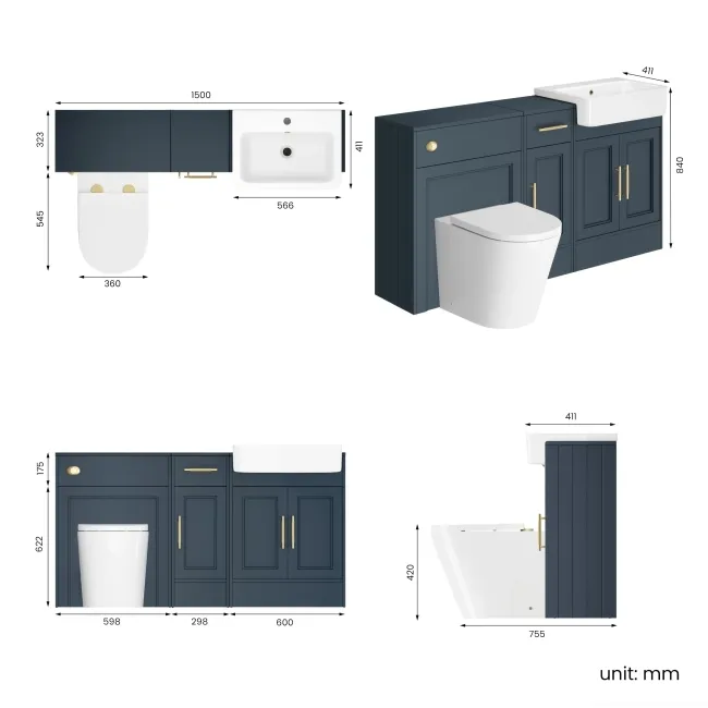 Monaco Inky Blue Combination Vanity Basin and Boston Toilet 1500mm - Brass Knurled Handles