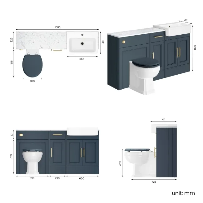 Monaco Inky Blue Combination Vanity Basin with Marble Top and Hudson Toilet with Wooden Seat 1500mm - Brass Knurled Handles
