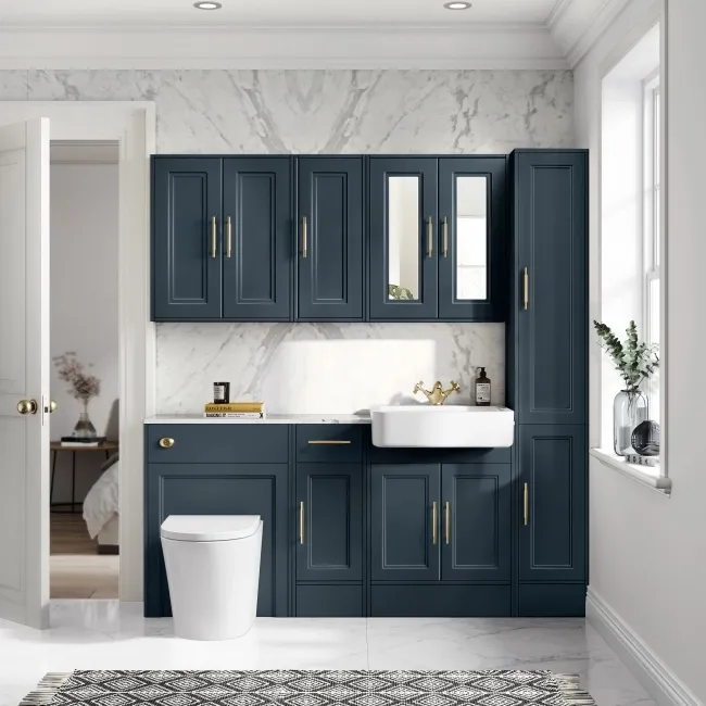 Monaco Inky Blue Combination Vanity Basin with Marble Top and Boston Toilet 1500mm - Brass Knurled Handles