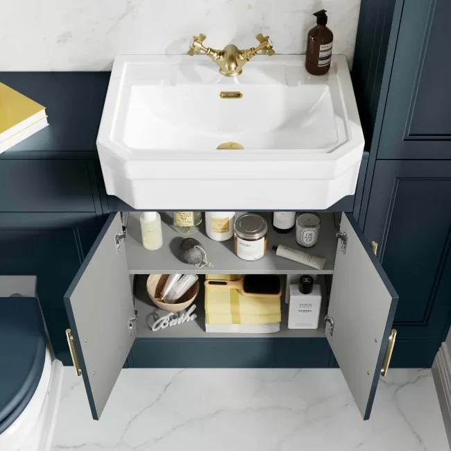 Monaco Inky Blue Traditional Basin Vanity 600mm - Brass Knurled Handles