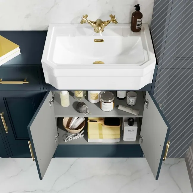 Monaco Inky Blue Combination Vanity Traditional Basin and Hudson Toilet with Wooden Seat 1500mm - Brass Knurled Handles
