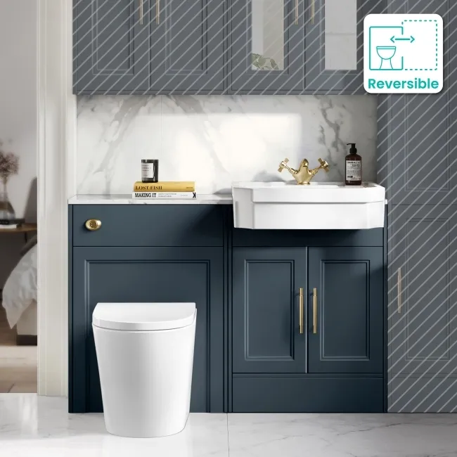Monaco Inky Blue Combination Vanity Traditional Basin with Marble Top & Boston Toilet 1200mm - Brass Knurled Handles