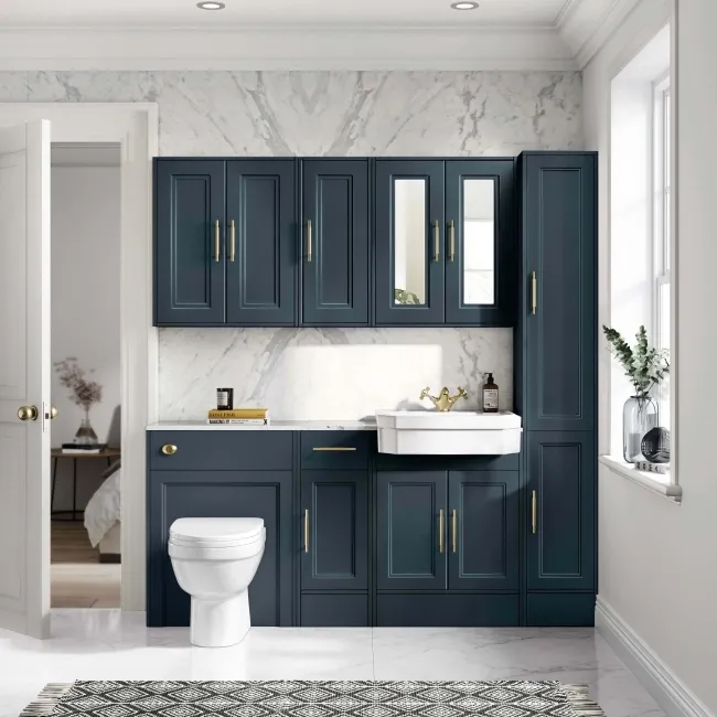 Monaco Inky Blue Combination Vanity Traditional Basin with Marble Top and Seattle Toilet 1500mm - Brass Knurled Handles