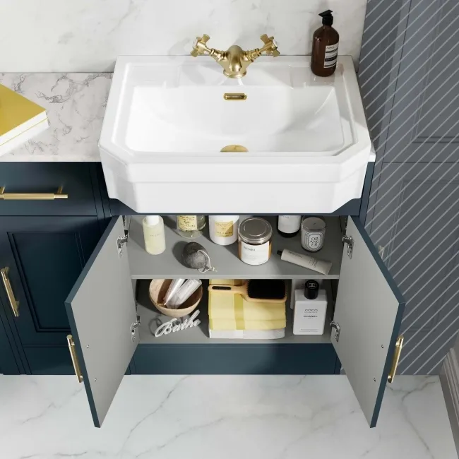 Monaco Inky Blue Combination Vanity Traditional Basin with Marble Top and Seattle Toilet 1500mm - Brass Knurled Handles