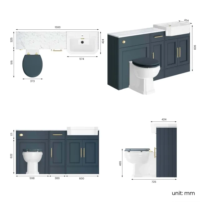 Monaco Inky Blue Combination Vanity Traditional Basin with Marble Top & Hudson Toilet with Wooden Seat 1500mm - Brass Knurled Handles