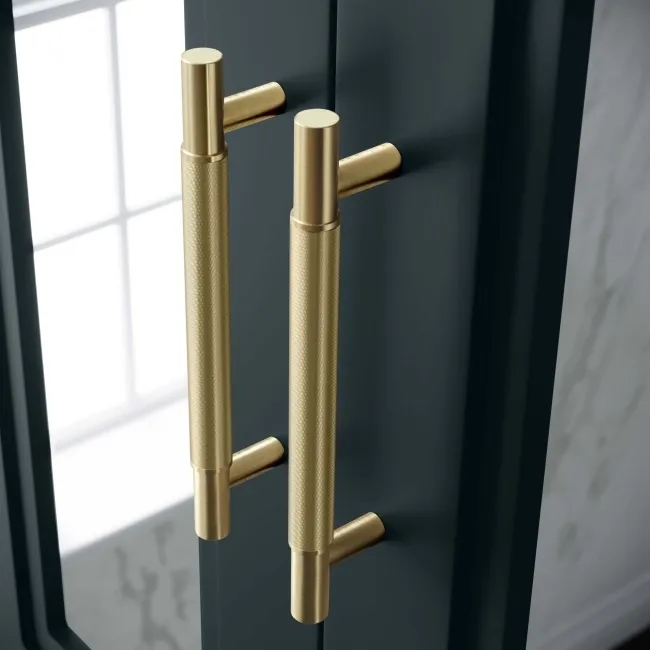 Inky Blue Wall Hung Mirror Cabinet 700x600mm - Brass Knurled Handles