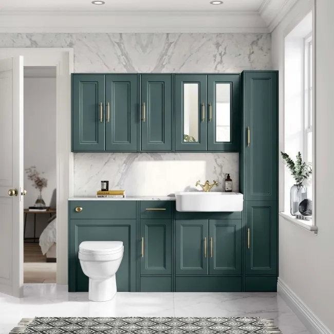 Monaco Midnight Green Combination Vanity Basin with Marble Top and Seattle Toilet 1500mm - Brass Knurled Handles
