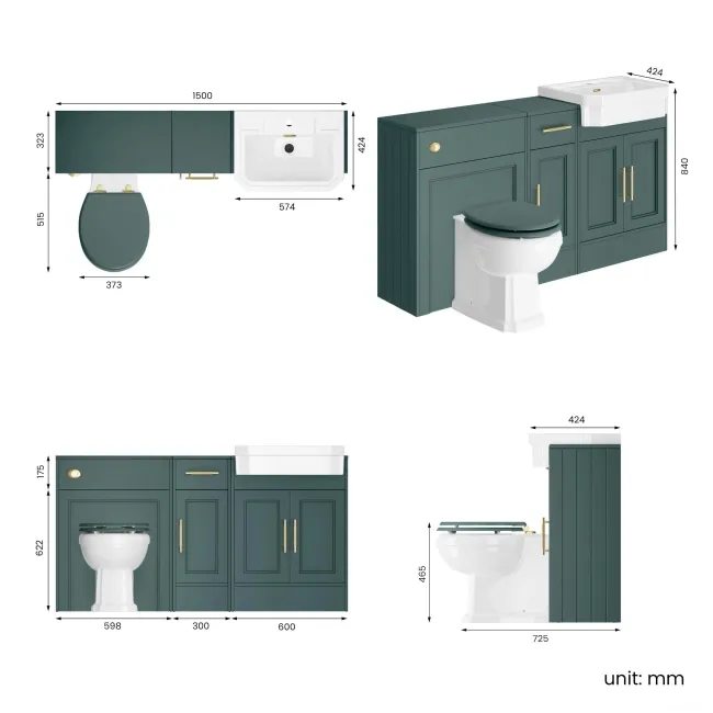 Monaco Midnight Green Combination Vanity Traditional Basin and Hudson Toilet with Wooden Seat 1500mm - Brass Knurled Handles