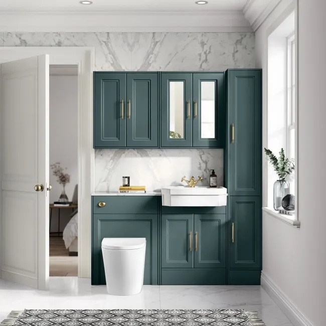 Monaco Midnight Green Combination Vanity Traditional Basin with Marble Top & Boston Toilet 1200mm - Brass Knurled Handles
