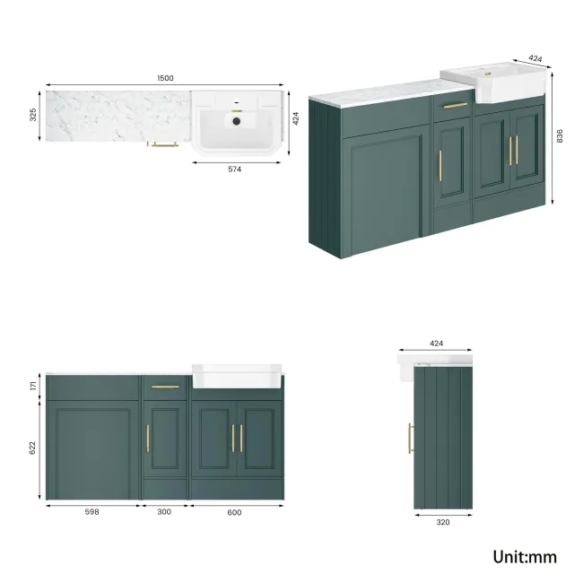 Monaco Midnight Green Combination Vanity Traditional Basin with Marble Top 1500mm (Excludes Pan & Cistern) - Brass Knurled Handles