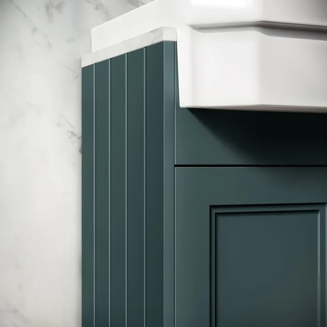 Monaco Midnight Green Combination Vanity Traditional Basin with Marble Top and Seattle Toilet 1500mm - Brass Knurled Handles