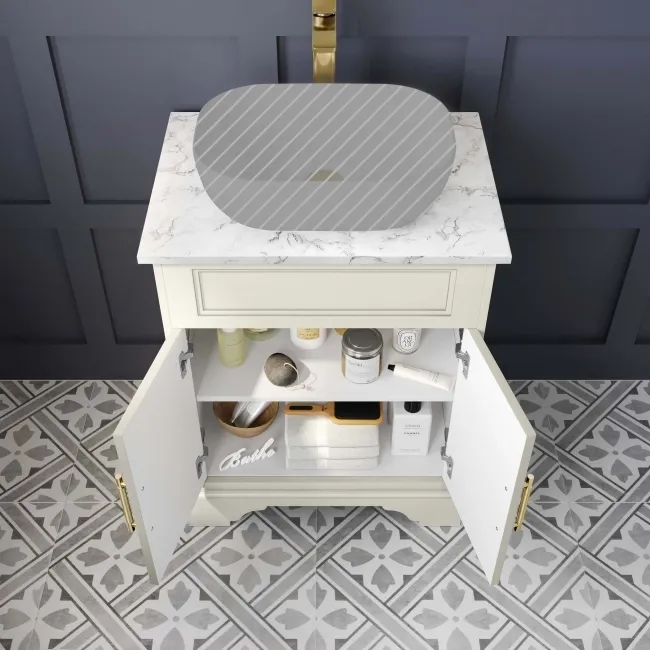 Lucia Chalk White Cabinet with Marble Top 640mm (Excludes Counter Top Basin) - Brass Knurled Handles