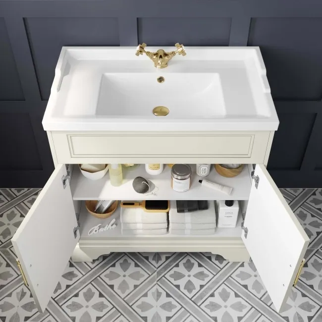 Lucia Chalk White Basin Vanity 830mm - Brass Knurled Handles