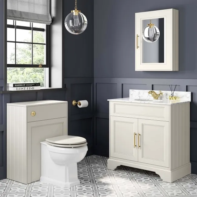 Lucia Chalk White Vanity with Marble Top & Undermount Basin 830mm - Brass Knurled Handles