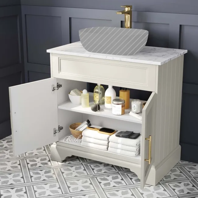 Lucia Chalk White Cabinet with Marble Top 840mm (Excludes Counter Top Basin) - Brass Knurled Handles