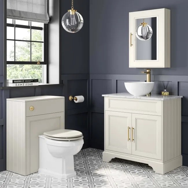 Lucia Chalk White Vanity with Marble Top & Round Counter Top Basin 840mm - Brass Knurled Handles