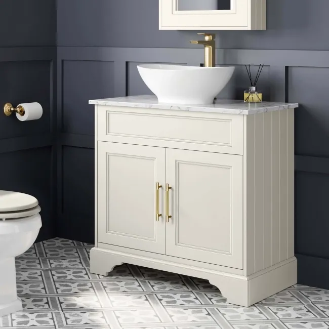 Lucia Chalk White Vanity with Marble Top & Oval Counter Top Basin 840mm - Brass Knurled Handles